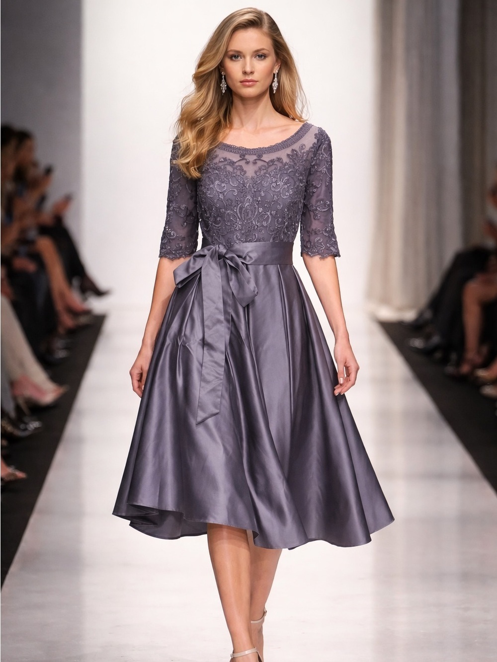 JJs House Silver Metallic Lavender Lace & Satin Midi Dress